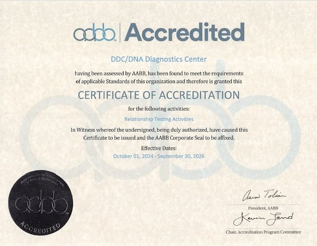 Certificado de Acreditación AABB - DDC DNA Diagnostics Center - Pruebas de Parentesco